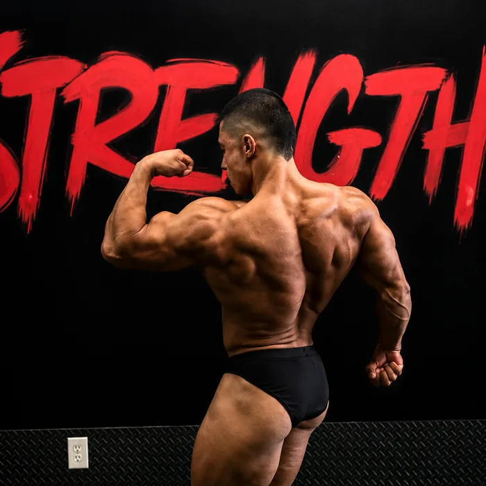 Cris Coach pose de espalda en gimnasio, mural STRENGTH